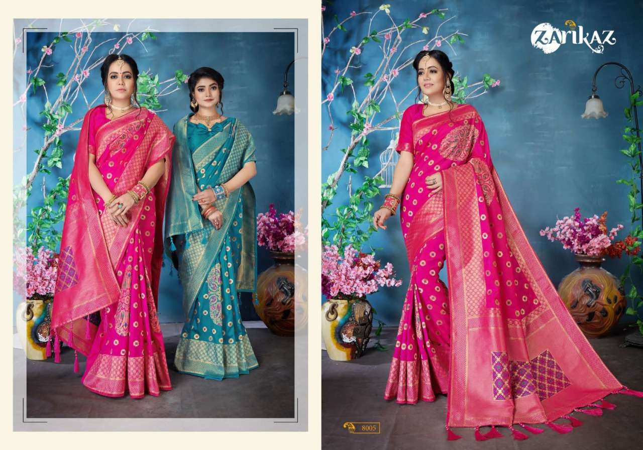 PIHUU VOL-8 BY ZARIKAZ 8001 TO 8006 SERIES INDIAN TRADITIONAL WEAR COLLECTION BEAUTIFUL STYLISH FANCY COLORFUL PARTY WEAR & OCCASIONAL WEAR BANARASI SILK WEAVING SAREES AT WHOLESALE PRICE