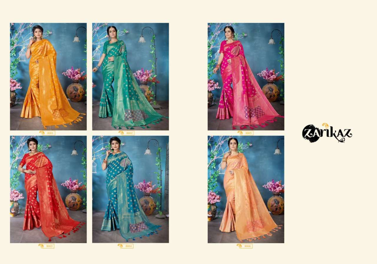 PIHUU VOL-8 BY ZARIKAZ 8001 TO 8006 SERIES INDIAN TRADITIONAL WEAR COLLECTION BEAUTIFUL STYLISH FANCY COLORFUL PARTY WEAR & OCCASIONAL WEAR BANARASI SILK WEAVING SAREES AT WHOLESALE PRICE