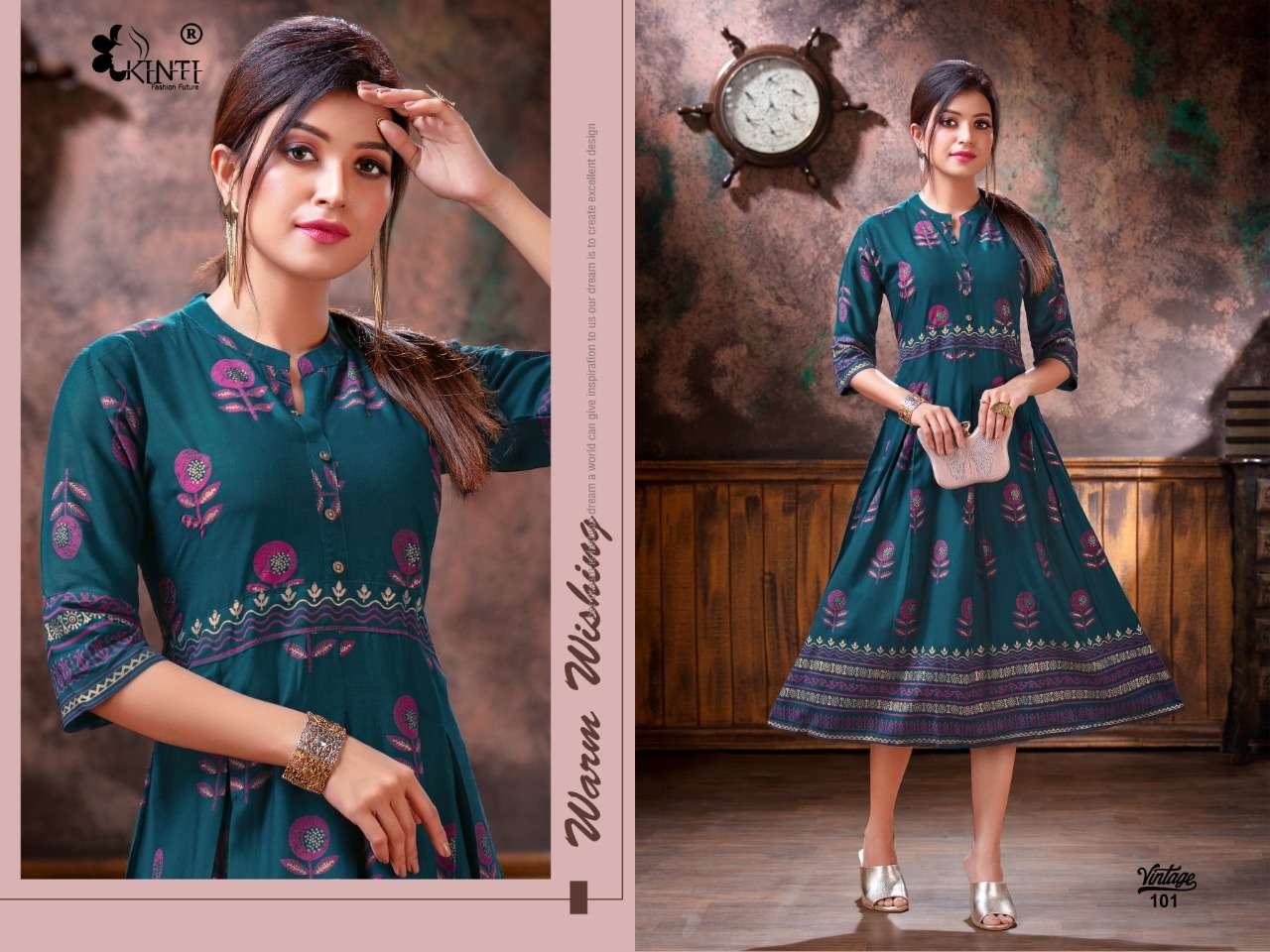 VINTAGE BY KINTI 101 TO 110 SERIES BEAUTIFUL STYLISH COLORFUL FANCY PARTY WEAR & ETHNIC WEAR & READY TO WEAR RAYON SLUB FOIL PRINTED KURTIS AT WHOLESALE PRICE