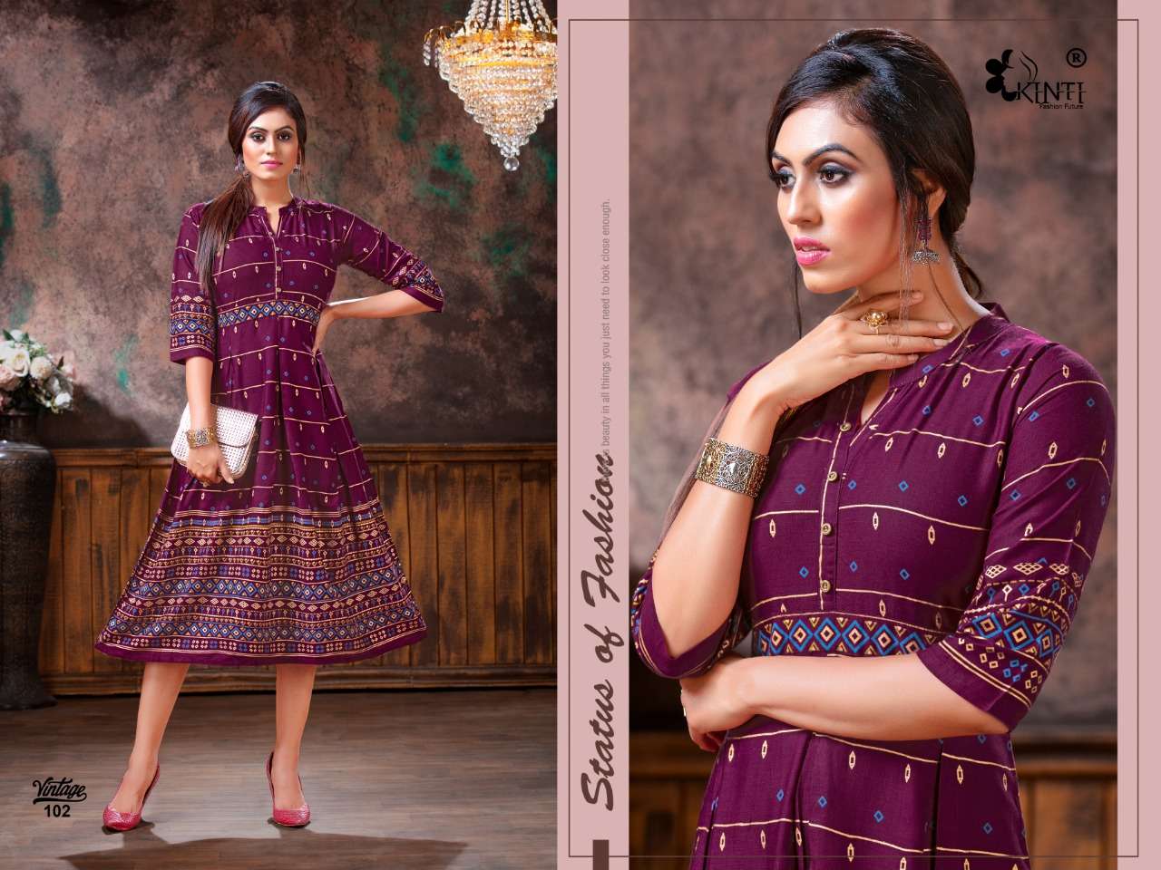 VINTAGE BY KINTI 101 TO 110 SERIES BEAUTIFUL STYLISH COLORFUL FANCY PARTY WEAR & ETHNIC WEAR & READY TO WEAR RAYON SLUB FOIL PRINTED KURTIS AT WHOLESALE PRICE