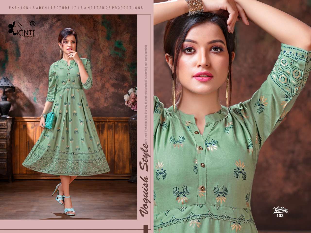 VINTAGE BY KINTI 101 TO 110 SERIES BEAUTIFUL STYLISH COLORFUL FANCY PARTY WEAR & ETHNIC WEAR & READY TO WEAR RAYON SLUB FOIL PRINTED KURTIS AT WHOLESALE PRICE