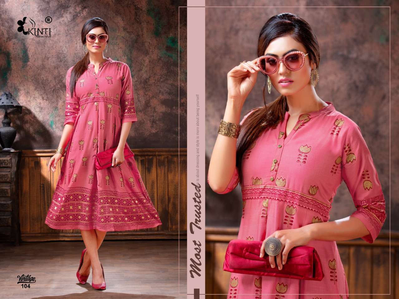 VINTAGE BY KINTI 101 TO 110 SERIES BEAUTIFUL STYLISH COLORFUL FANCY PARTY WEAR & ETHNIC WEAR & READY TO WEAR RAYON SLUB FOIL PRINTED KURTIS AT WHOLESALE PRICE