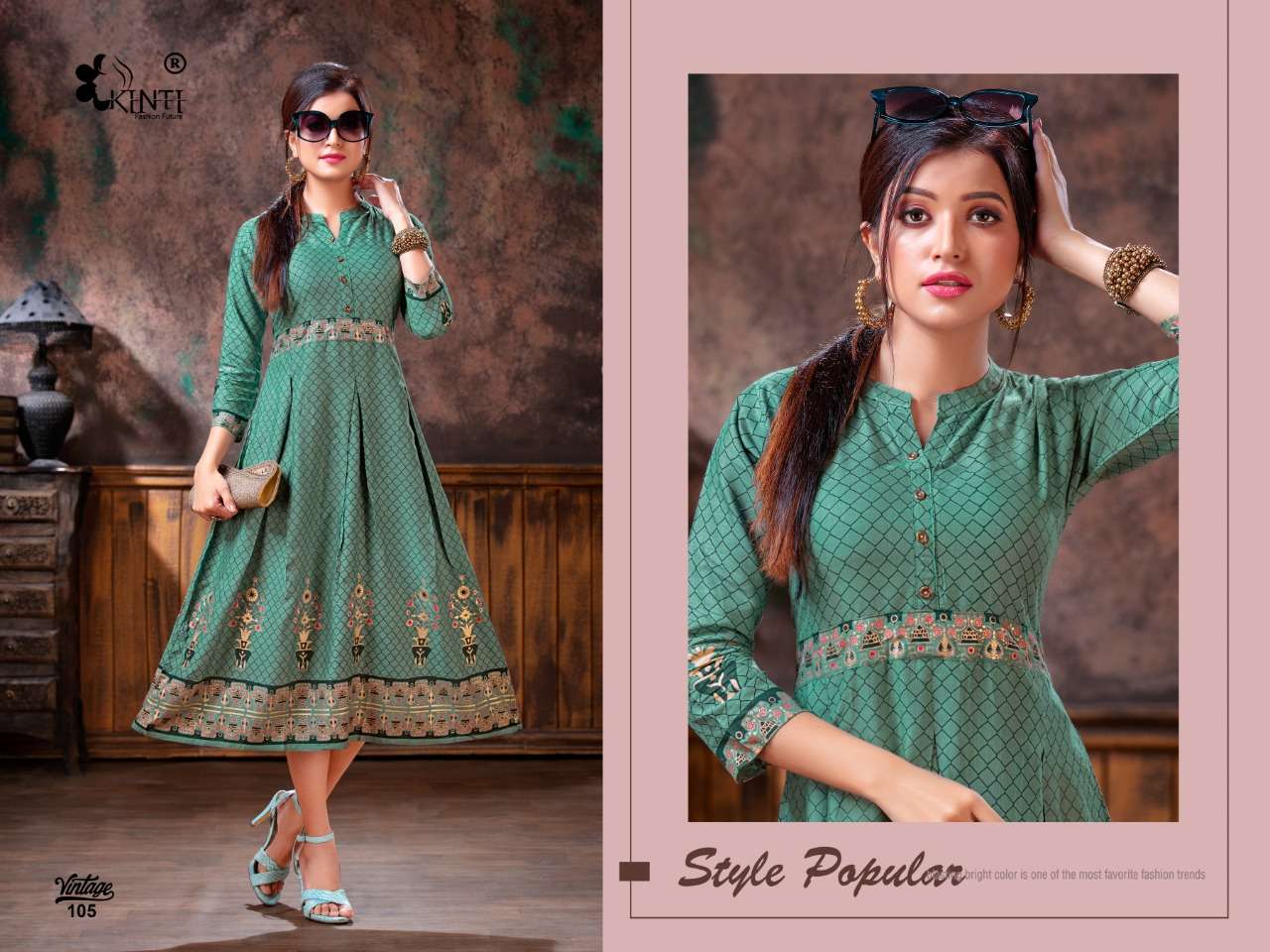 VINTAGE BY KINTI 101 TO 110 SERIES BEAUTIFUL STYLISH COLORFUL FANCY PARTY WEAR & ETHNIC WEAR & READY TO WEAR RAYON SLUB FOIL PRINTED KURTIS AT WHOLESALE PRICE