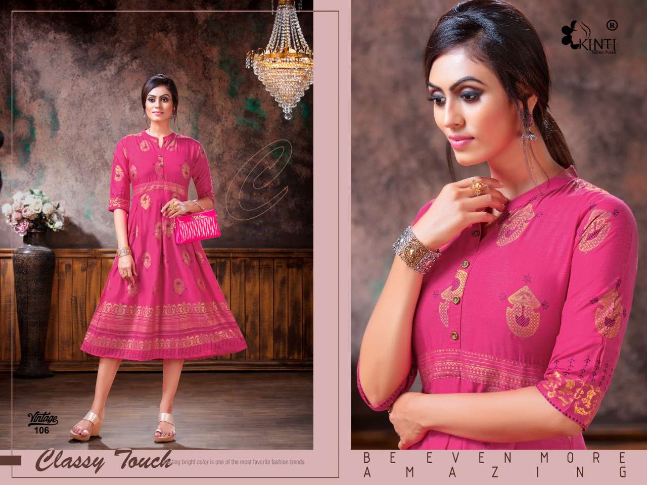 VINTAGE BY KINTI 101 TO 110 SERIES BEAUTIFUL STYLISH COLORFUL FANCY PARTY WEAR & ETHNIC WEAR & READY TO WEAR RAYON SLUB FOIL PRINTED KURTIS AT WHOLESALE PRICE