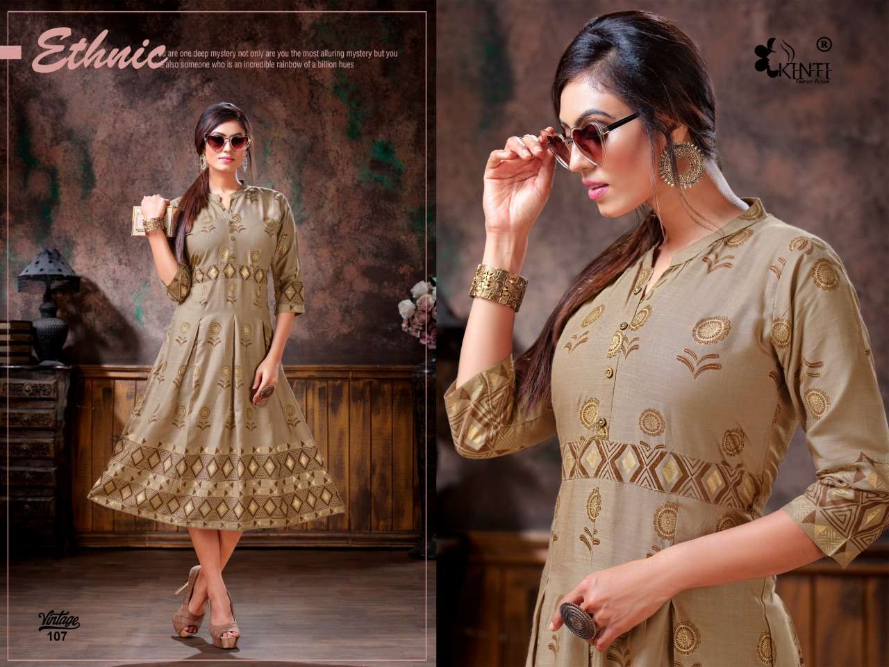 VINTAGE BY KINTI 101 TO 110 SERIES BEAUTIFUL STYLISH COLORFUL FANCY PARTY WEAR & ETHNIC WEAR & READY TO WEAR RAYON SLUB FOIL PRINTED KURTIS AT WHOLESALE PRICE