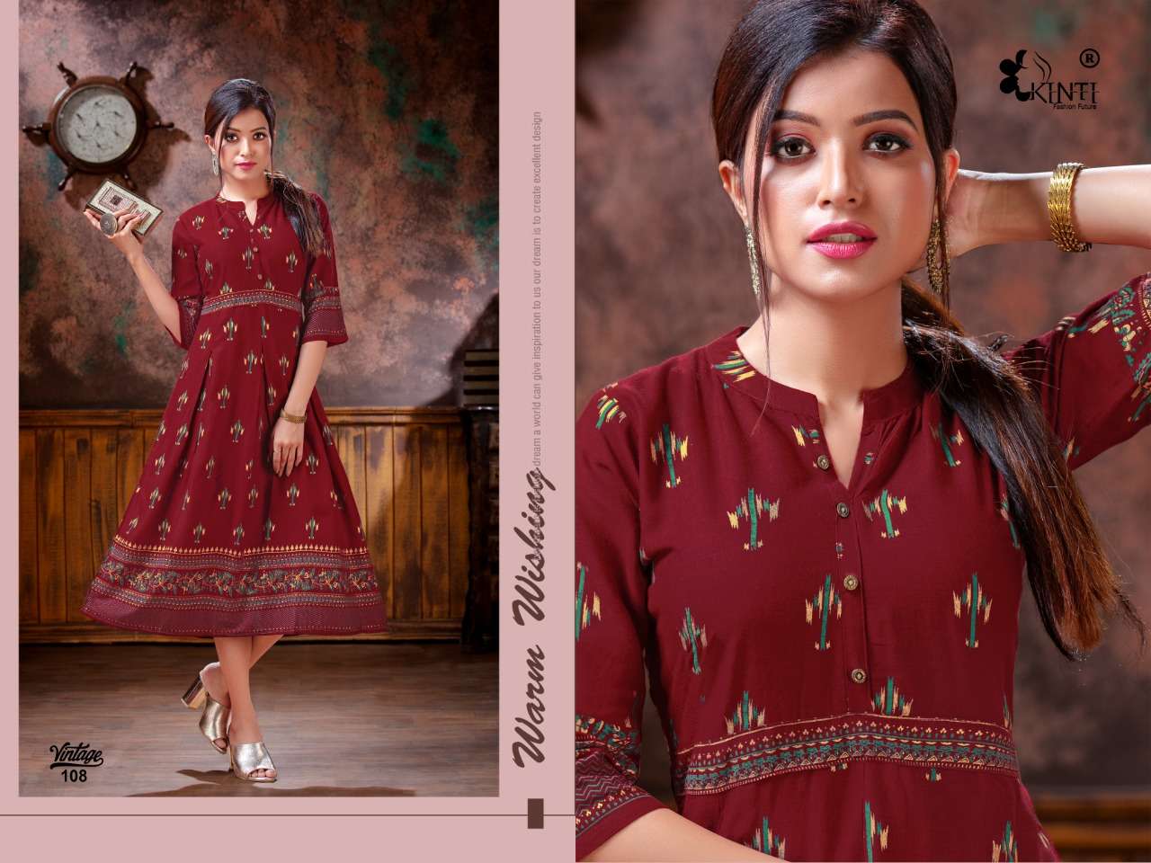 VINTAGE BY KINTI 101 TO 110 SERIES BEAUTIFUL STYLISH COLORFUL FANCY PARTY WEAR & ETHNIC WEAR & READY TO WEAR RAYON SLUB FOIL PRINTED KURTIS AT WHOLESALE PRICE