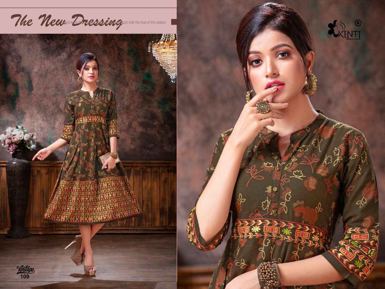 VINTAGE BY KINTI 101 TO 110 SERIES BEAUTIFUL STYLISH COLORFUL FANCY PARTY WEAR & ETHNIC WEAR & READY TO WEAR RAYON SLUB FOIL PRINTED KURTIS AT WHOLESALE PRICE