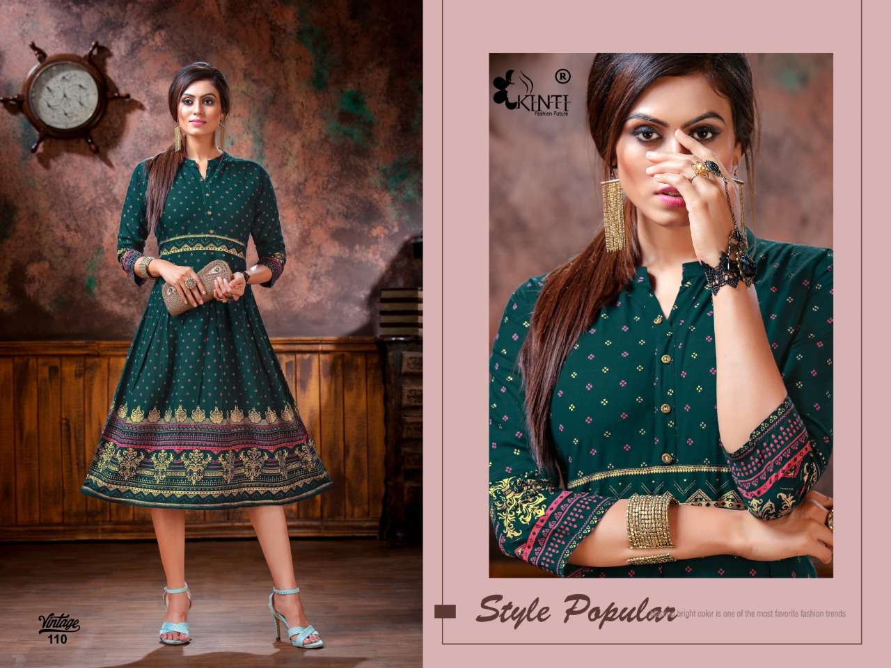 VINTAGE BY KINTI 101 TO 110 SERIES BEAUTIFUL STYLISH COLORFUL FANCY PARTY WEAR & ETHNIC WEAR & READY TO WEAR RAYON SLUB FOIL PRINTED KURTIS AT WHOLESALE PRICE