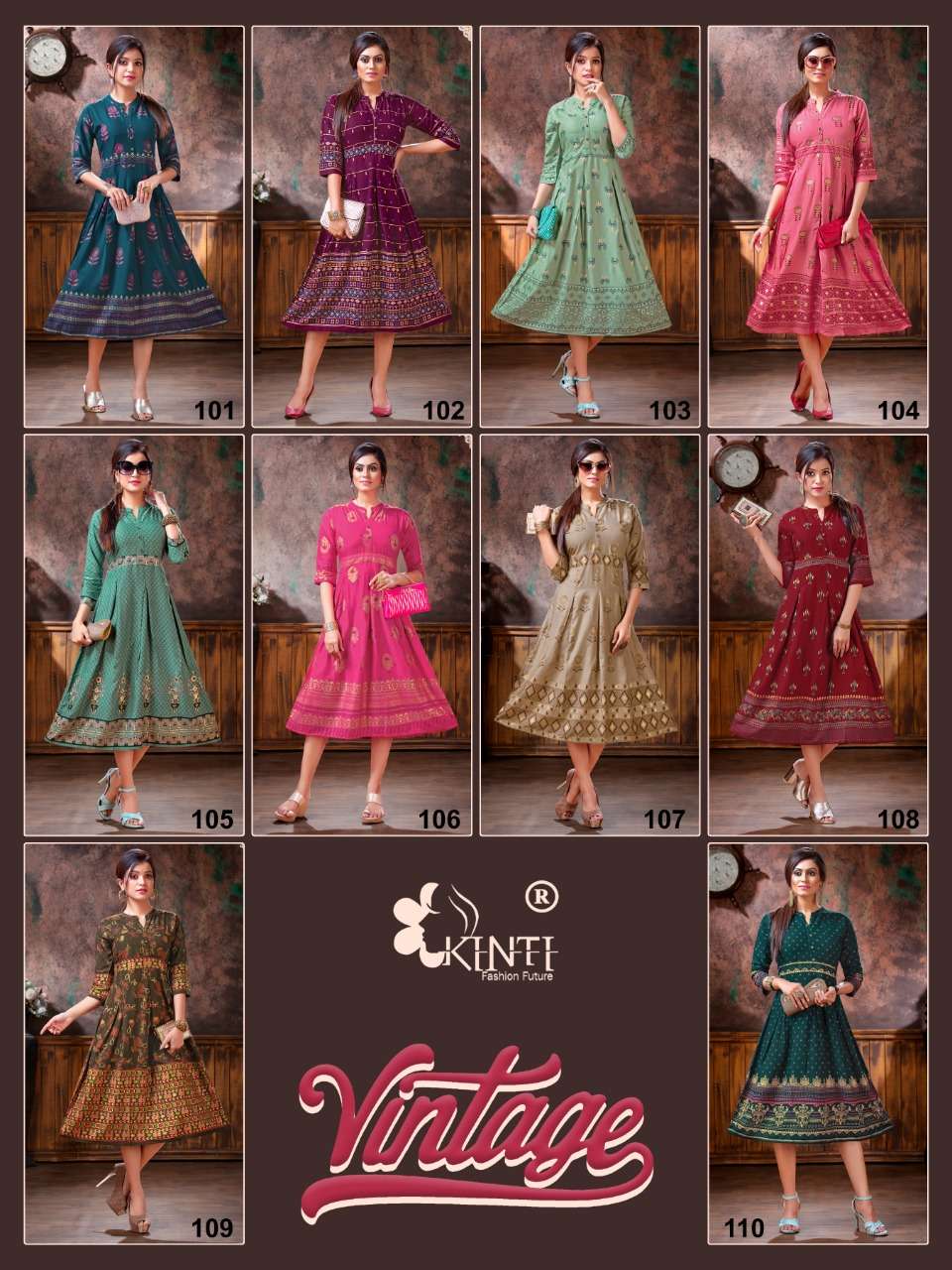 VINTAGE BY KINTI 101 TO 110 SERIES BEAUTIFUL STYLISH COLORFUL FANCY PARTY WEAR & ETHNIC WEAR & READY TO WEAR RAYON SLUB FOIL PRINTED KURTIS AT WHOLESALE PRICE