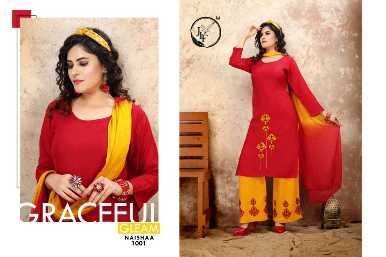 NAISHAA BY JLF 1001 TO 1005 SERIES DESIGNER SUITS BEAUTIFUL FANCY COLORFUL STYLISH PARTY WEAR & OCCASIONAL WEAR RAYON WITH WORK DRESSES AT WHOLESALE PRICE