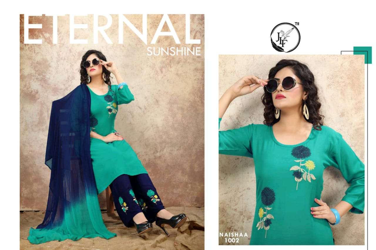 NAISHAA BY JLF 1001 TO 1005 SERIES DESIGNER SUITS BEAUTIFUL FANCY COLORFUL STYLISH PARTY WEAR & OCCASIONAL WEAR RAYON WITH WORK DRESSES AT WHOLESALE PRICE