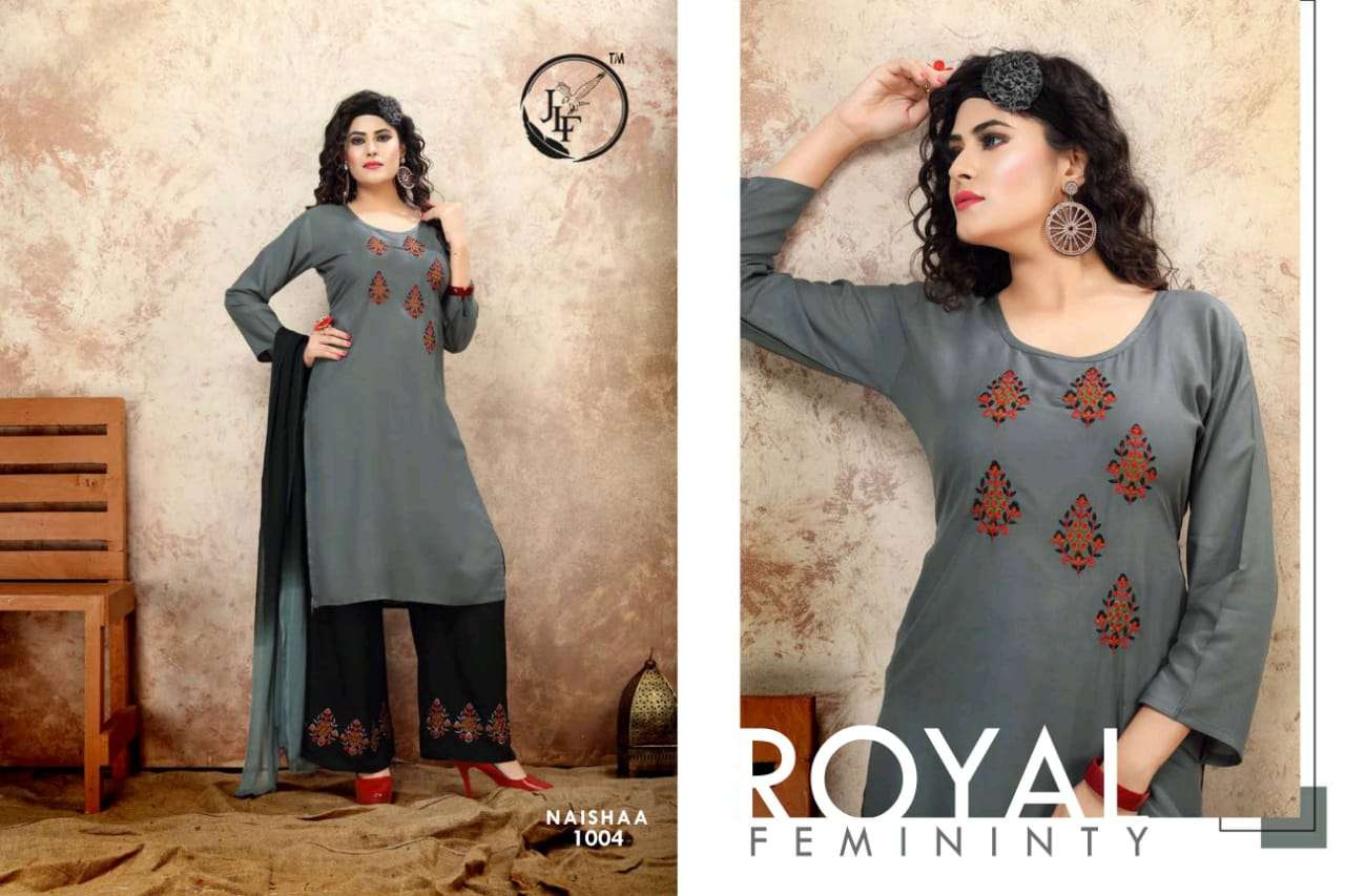 NAISHAA BY JLF 1001 TO 1005 SERIES DESIGNER SUITS BEAUTIFUL FANCY COLORFUL STYLISH PARTY WEAR & OCCASIONAL WEAR RAYON WITH WORK DRESSES AT WHOLESALE PRICE