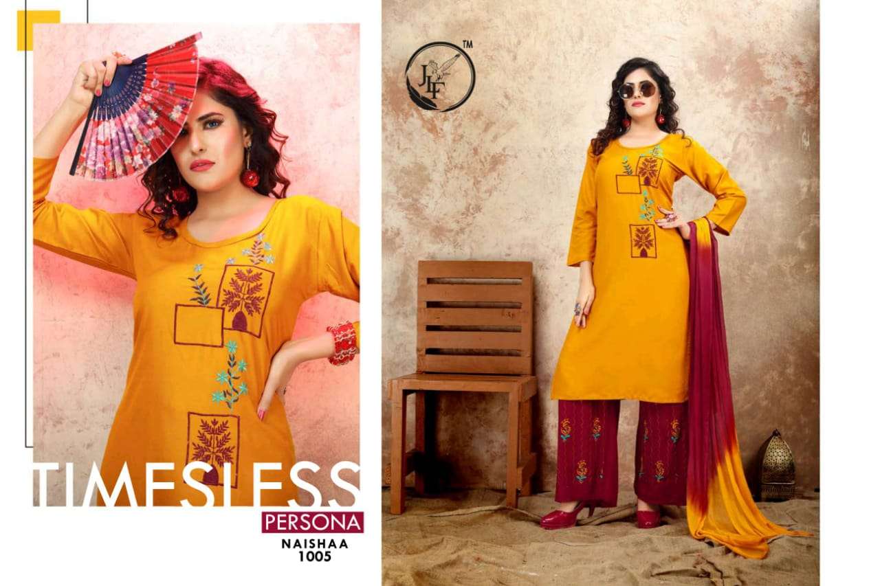 NAISHAA BY JLF 1001 TO 1005 SERIES DESIGNER SUITS BEAUTIFUL FANCY COLORFUL STYLISH PARTY WEAR & OCCASIONAL WEAR RAYON WITH WORK DRESSES AT WHOLESALE PRICE