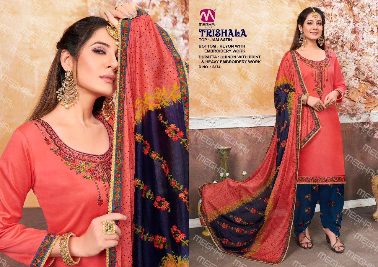 TRISHALA BY MEGHALI SUITS 5373 TO 5376 SERIES BEAUTIFUL SUITS COLORFUL STYLISH FANCY CASUAL WEAR & ETHNIC WEAR JAM SATIN EMBROIDERED DRESSES AT WHOLESALE PRICE