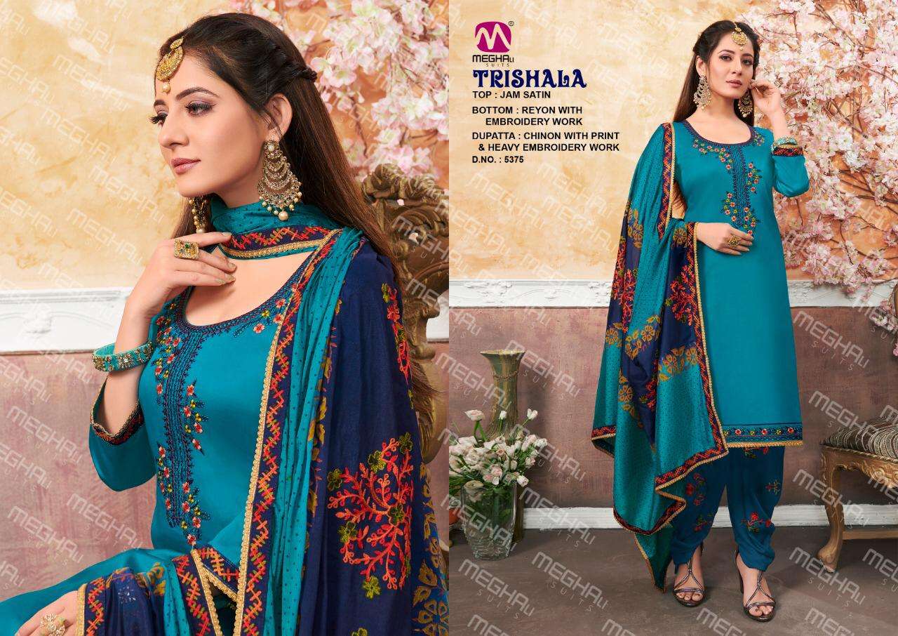 TRISHALA BY MEGHALI SUITS 5373 TO 5376 SERIES BEAUTIFUL SUITS COLORFUL STYLISH FANCY CASUAL WEAR & ETHNIC WEAR JAM SATIN EMBROIDERED DRESSES AT WHOLESALE PRICE