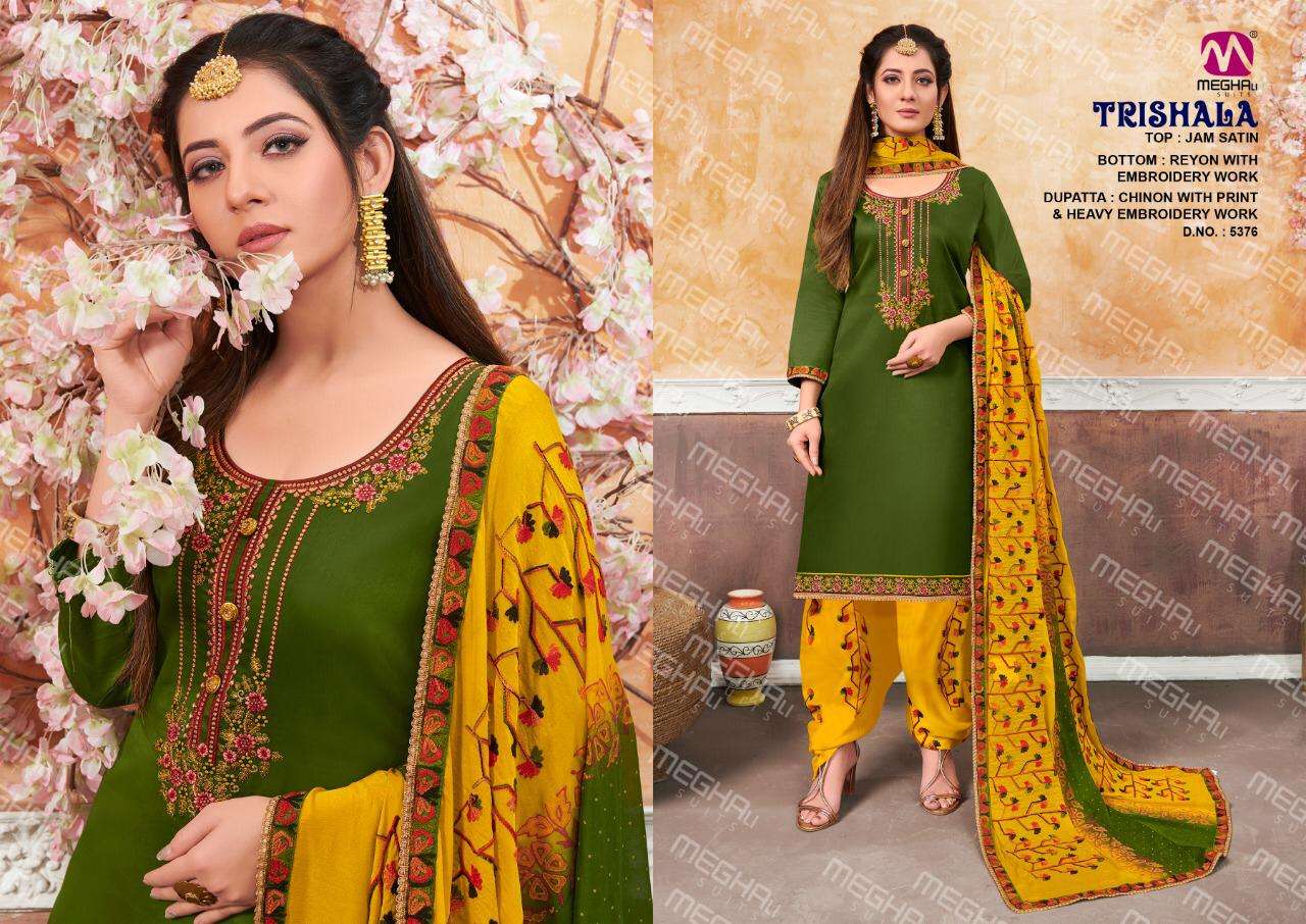 TRISHALA BY MEGHALI SUITS 5373 TO 5376 SERIES BEAUTIFUL SUITS COLORFUL STYLISH FANCY CASUAL WEAR & ETHNIC WEAR JAM SATIN EMBROIDERED DRESSES AT WHOLESALE PRICE