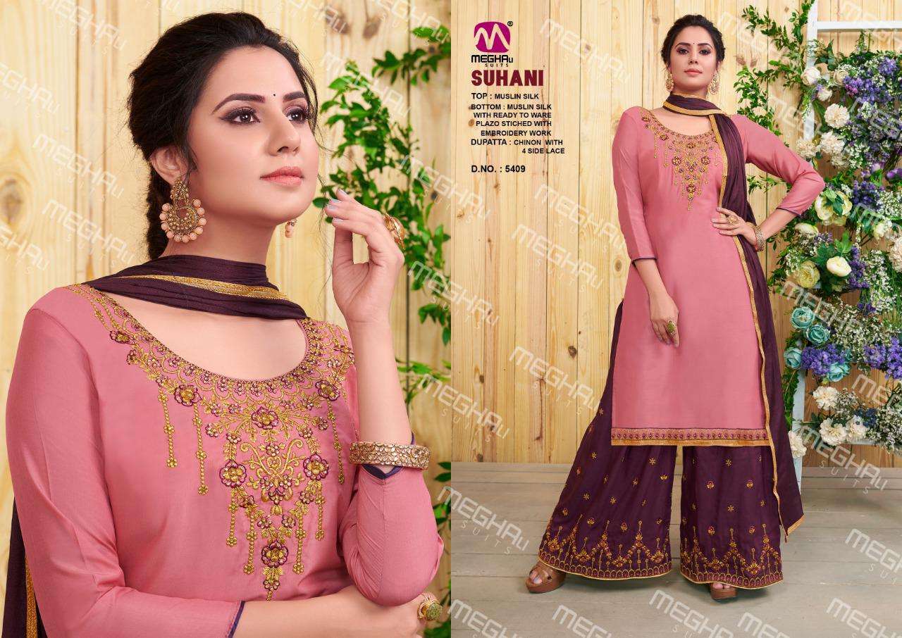 SUHANI BY MEGHALI SUITS 5409 TO 5412 SERIES BEAUTIFUL SUITS COLORFUL STYLISH FANCY CASUAL WEAR & ETHNIC WEAR MUSLIN SILK DRESSES AT WHOLESALE PRICE
