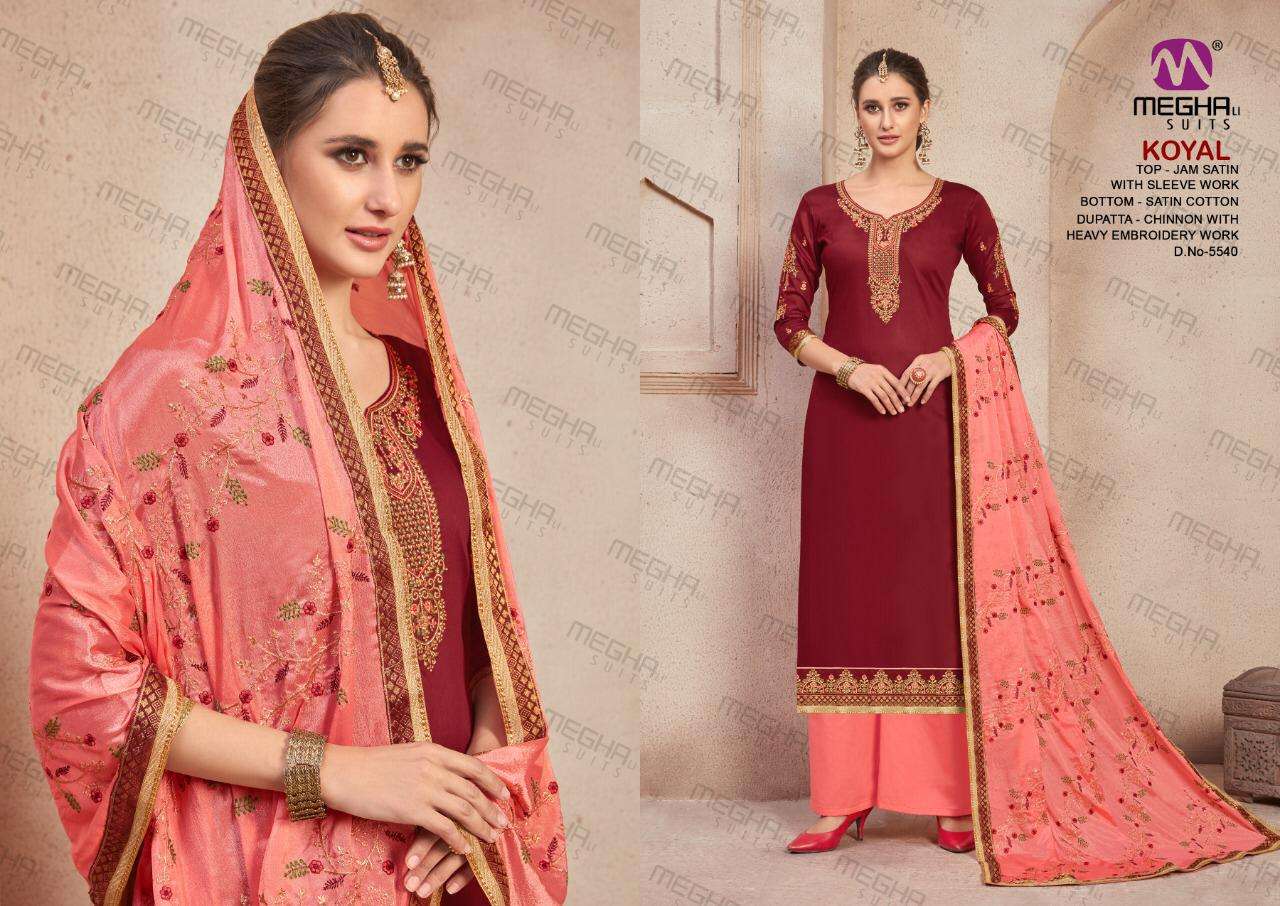 KOYAL BY MEGHALI SUITS 5535 TO 5540 SERIES BEAUTIFUL SUITS COLORFUL STYLISH FANCY CASUAL WEAR & ETHNIC WEAR JAM SATIN WITH EMBROIDERED DRESSES AT WHOLESALE PRICE