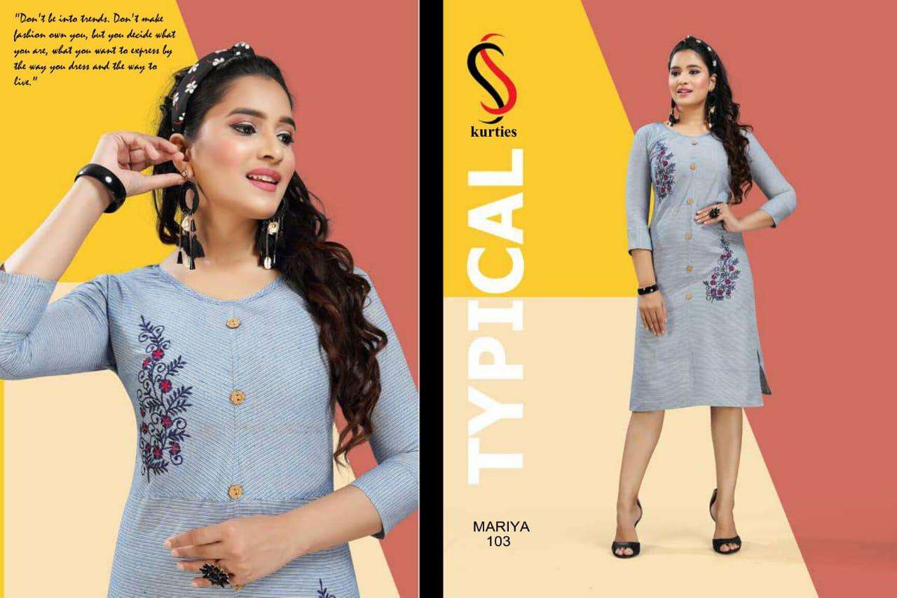 MARIYA BY S S KURTIS 101 TO 110 SERIES DESIGNER BEAUTIFUL STYLISH FANCY COLORFUL PARTY WEAR & ETHNIC WEAR & READY TO WEAR HANDLOOM COTTON KURTIS AT WHOLESALE PRICE