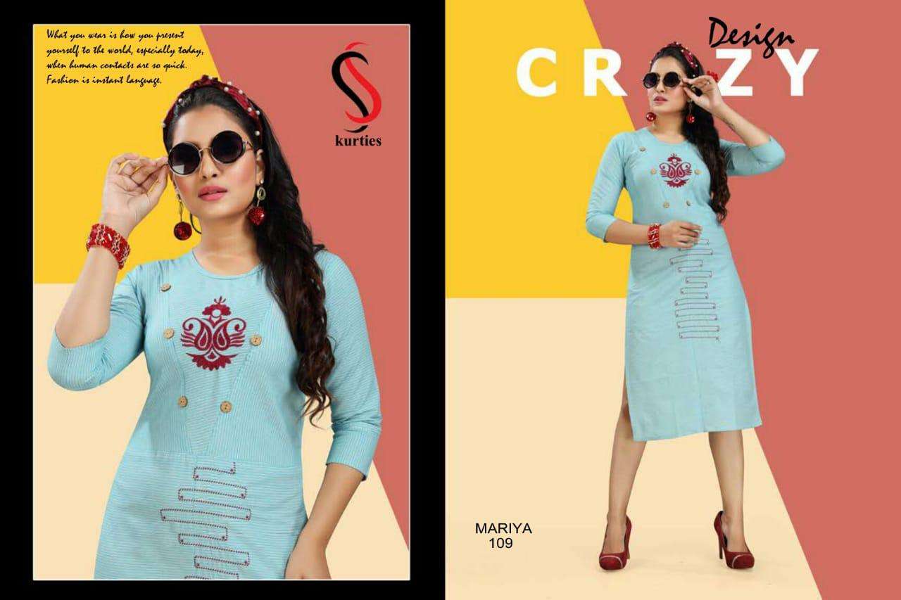 MARIYA BY S S KURTIS 101 TO 110 SERIES DESIGNER BEAUTIFUL STYLISH FANCY COLORFUL PARTY WEAR & ETHNIC WEAR & READY TO WEAR HANDLOOM COTTON KURTIS AT WHOLESALE PRICE