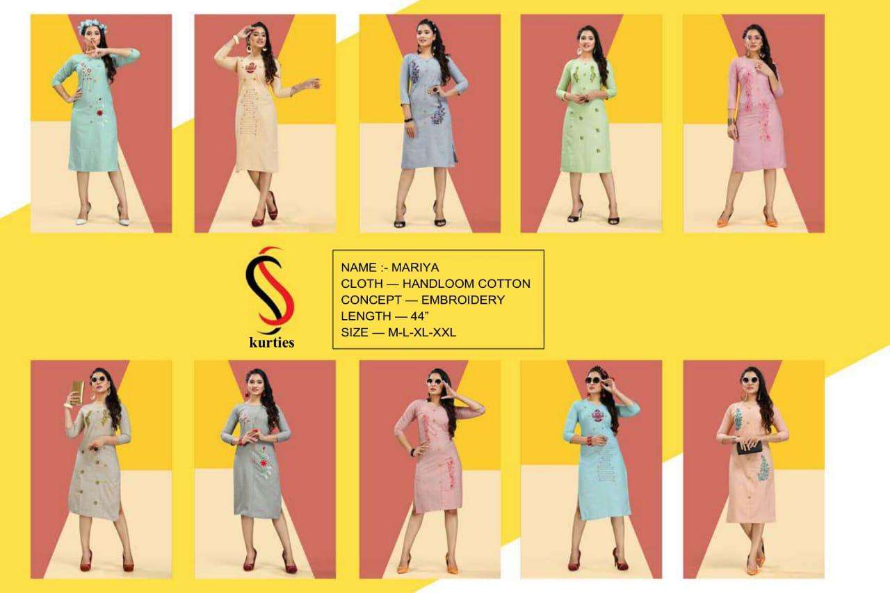 MARIYA BY S S KURTIS 101 TO 110 SERIES DESIGNER BEAUTIFUL STYLISH FANCY COLORFUL PARTY WEAR & ETHNIC WEAR & READY TO WEAR HANDLOOM COTTON KURTIS AT WHOLESALE PRICE