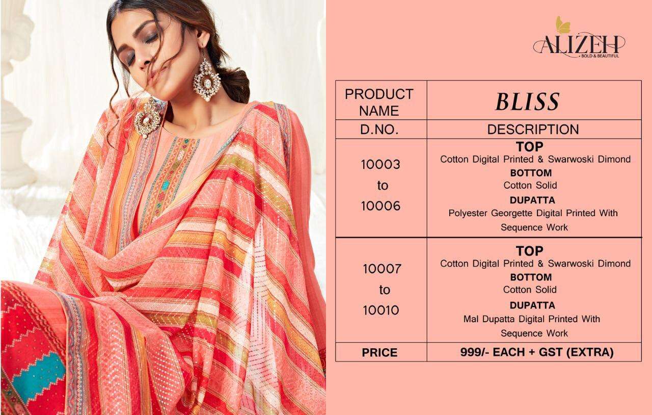 Bliss By Alizeh 10003 To 10010 Series Designer Festive Suits Collection Beautiful Stylish Fancy Colorful Party Wear & Occasional Wear Pure Cotton Dresses At Wholesale Price