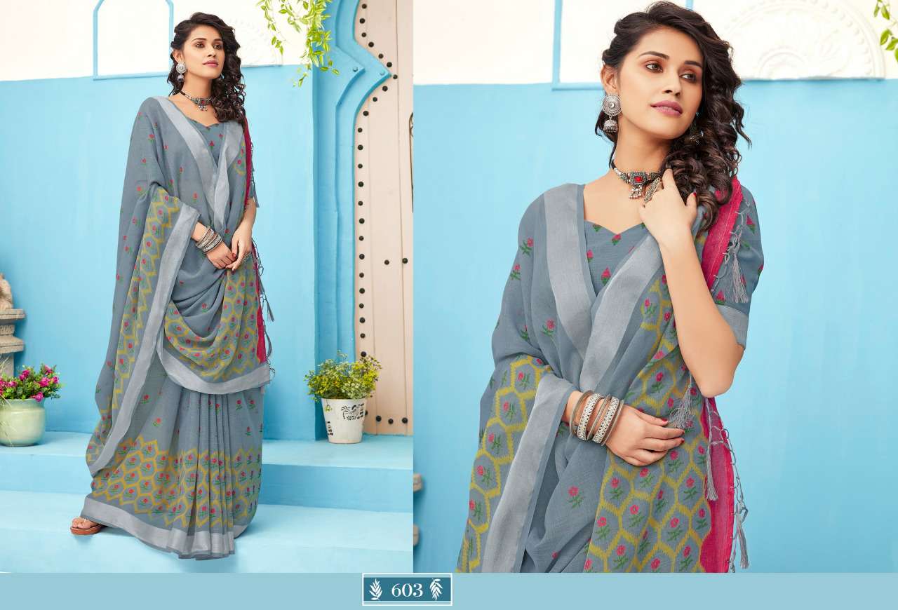 ANUPAMA BY STYLEWELL 601 TO 608 SERIES INDIAN TRADITIONAL WEAR COLLECTION BEAUTIFUL STYLISH FANCY COLORFUL PARTY WEAR & OCCASIONAL WEAR LINEN COTTON SAREES AT WHOLESALE PRICE