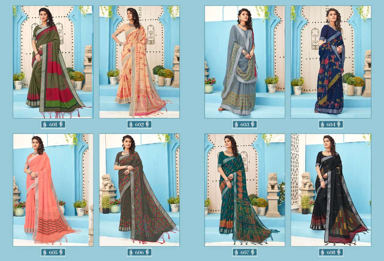 ANUPAMA BY STYLEWELL 601 TO 608 SERIES INDIAN TRADITIONAL WEAR COLLECTION BEAUTIFUL STYLISH FANCY COLORFUL PARTY WEAR & OCCASIONAL WEAR LINEN COTTON SAREES AT WHOLESALE PRICE
