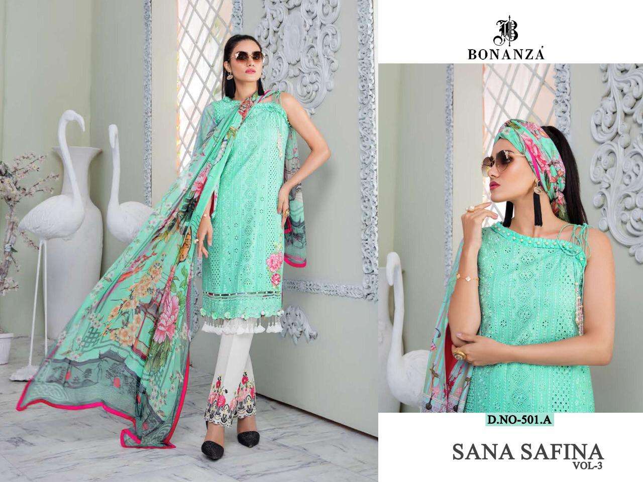 SANA SAFINA VOL-3 BY BONANZA 501-A TO 501-D SERIES BEAUTIFUL PAKISTANI SUITS COLORFUL STYLISH FANCY CASUAL WEAR & ETHNIC WEAR LAWN COTTON EMBROIDERY DRESSES AT WHOLESALE PRICE