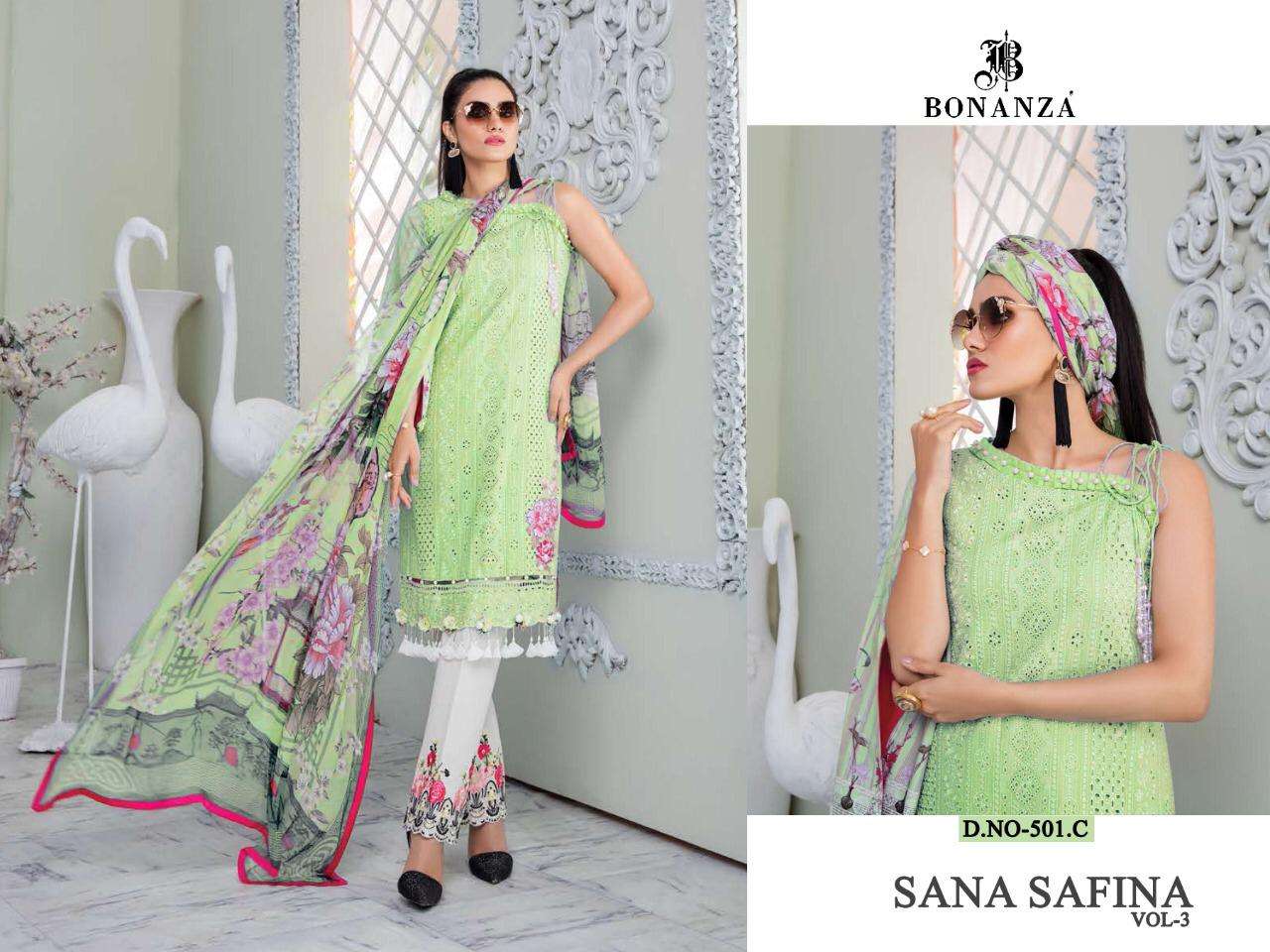 SANA SAFINA VOL-3 BY BONANZA 501-A TO 501-D SERIES BEAUTIFUL PAKISTANI SUITS COLORFUL STYLISH FANCY CASUAL WEAR & ETHNIC WEAR LAWN COTTON EMBROIDERY DRESSES AT WHOLESALE PRICE