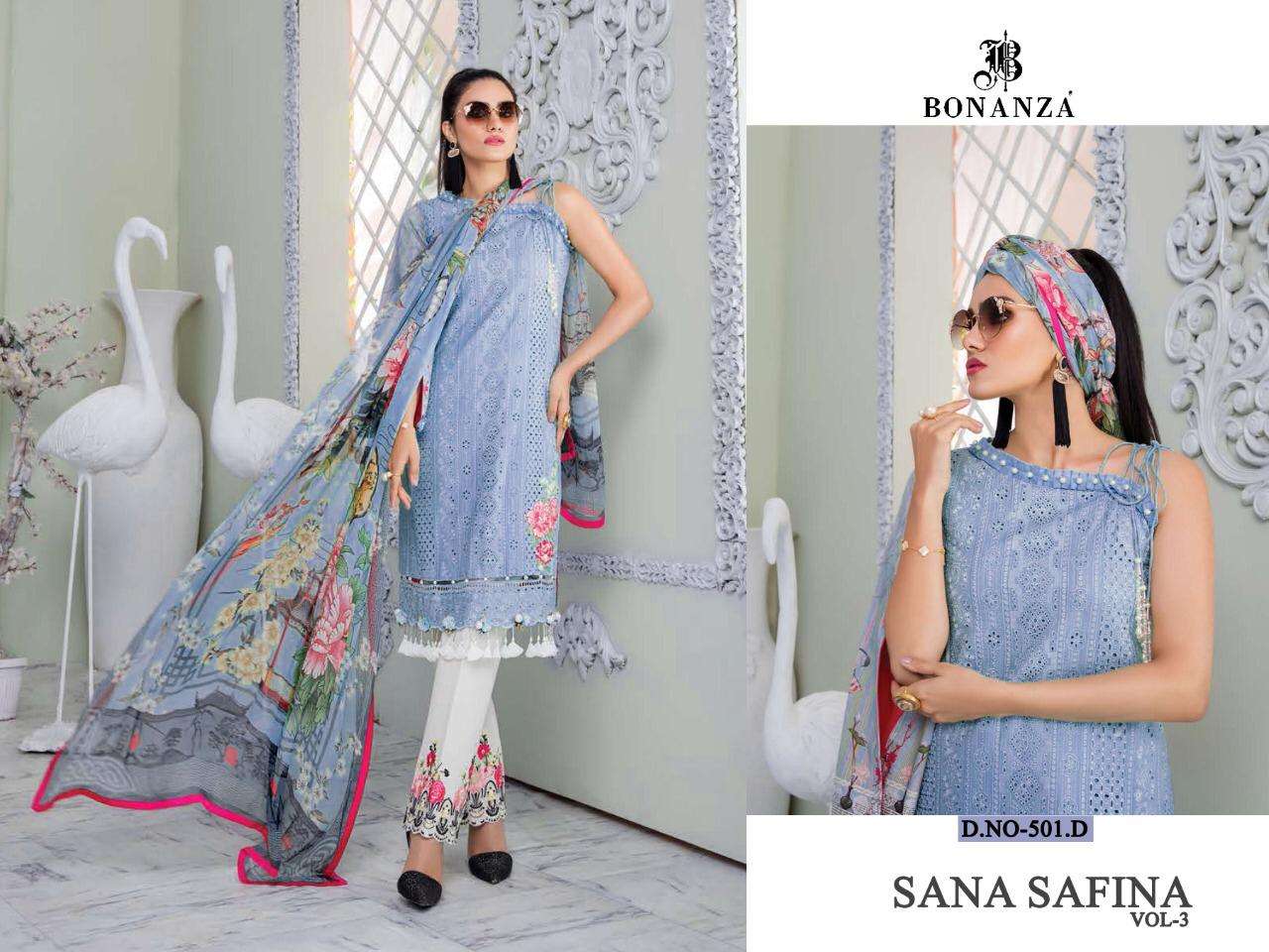 SANA SAFINA VOL-3 BY BONANZA 501-A TO 501-D SERIES BEAUTIFUL PAKISTANI SUITS COLORFUL STYLISH FANCY CASUAL WEAR & ETHNIC WEAR LAWN COTTON EMBROIDERY DRESSES AT WHOLESALE PRICE
