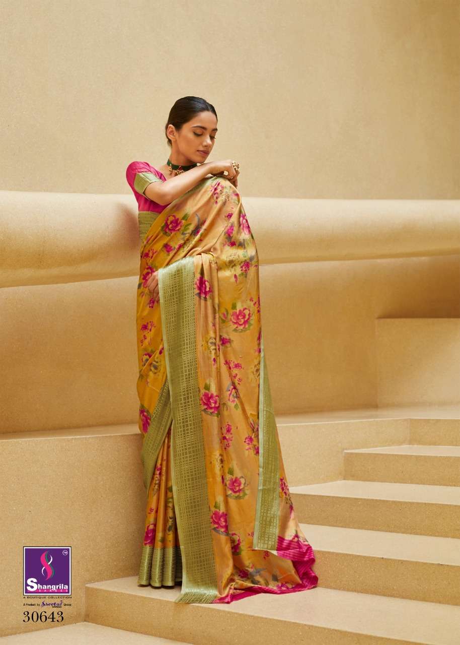 SONAM SILK BY SHANGRILA 30641 TO 30652 SERIES COLORFUL BEAUTIFUL FANCY PARTY WEAR & TRADITIONAL WEAR SOFT SATIN SILK DIGITAL PRINTED SAREES AT WHOLESALE PRICE