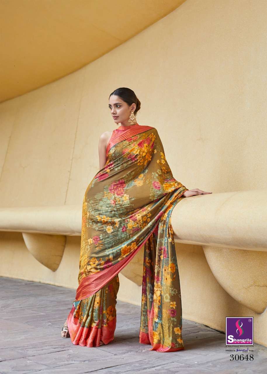 SONAM SILK BY SHANGRILA 30641 TO 30652 SERIES COLORFUL BEAUTIFUL FANCY PARTY WEAR & TRADITIONAL WEAR SOFT SATIN SILK DIGITAL PRINTED SAREES AT WHOLESALE PRICE
