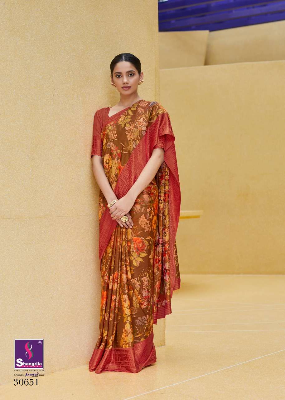 SONAM SILK BY SHANGRILA 30641 TO 30652 SERIES COLORFUL BEAUTIFUL FANCY PARTY WEAR & TRADITIONAL WEAR SOFT SATIN SILK DIGITAL PRINTED SAREES AT WHOLESALE PRICE