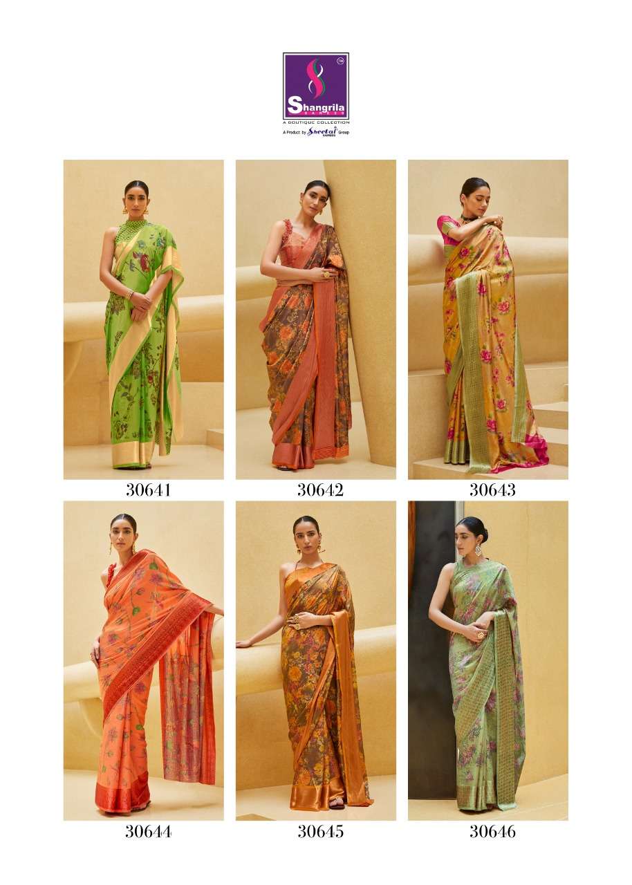 SONAM SILK BY SHANGRILA 30641 TO 30652 SERIES COLORFUL BEAUTIFUL FANCY PARTY WEAR & TRADITIONAL WEAR SOFT SATIN SILK DIGITAL PRINTED SAREES AT WHOLESALE PRICE