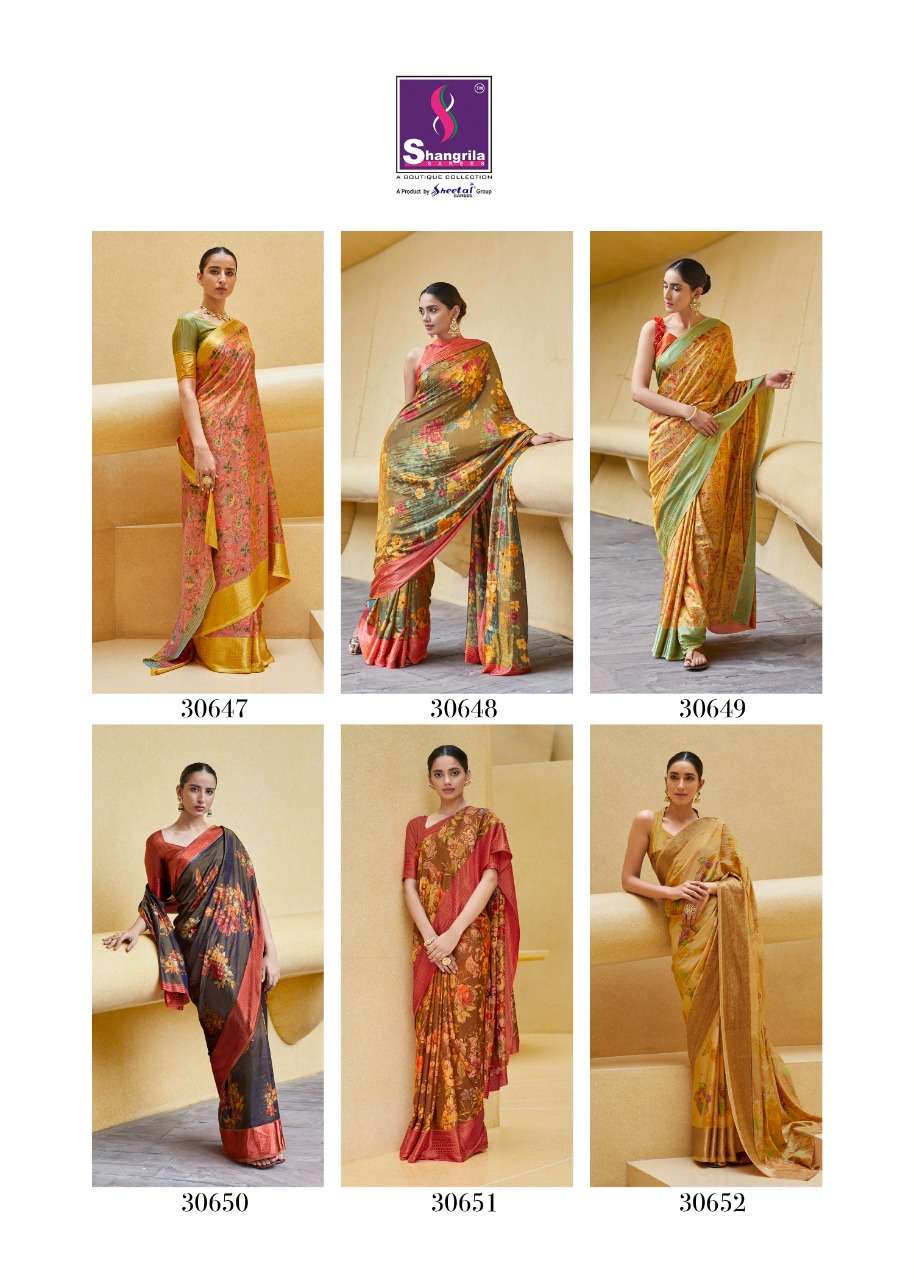 SONAM SILK BY SHANGRILA 30641 TO 30652 SERIES COLORFUL BEAUTIFUL FANCY PARTY WEAR & TRADITIONAL WEAR SOFT SATIN SILK DIGITAL PRINTED SAREES AT WHOLESALE PRICE