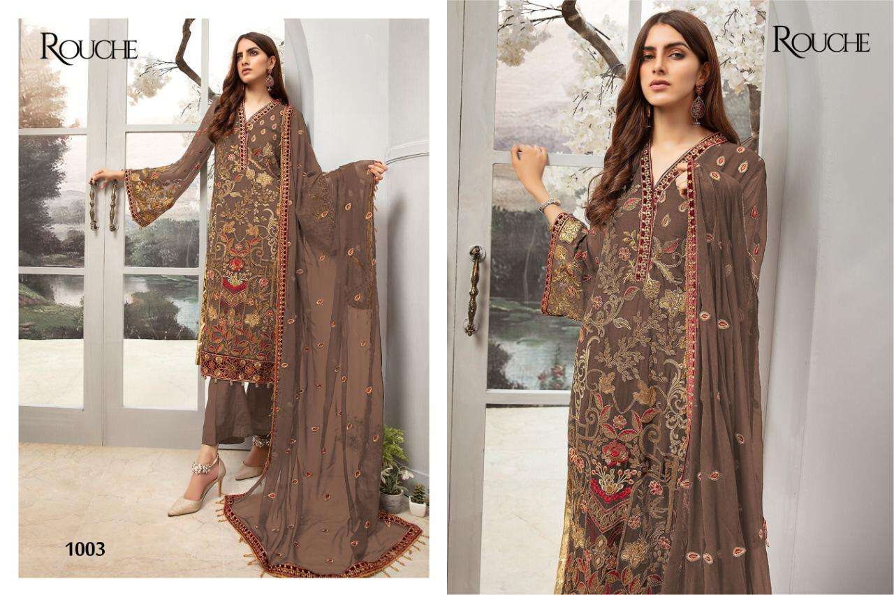 EMAAN ADEEL VOL-1 BY ROUCHE 1001 TO 1004 SERIES DESIGNER PAKISTANI SUITS BEAUTIFUL STYLISH FANCY COLORFUL PARTY WEAR & OCCASIONAL WEAR HEAVY FAUX GEORGETTE EMBROIDERY DRESSES AT WHOLESALE PRICE