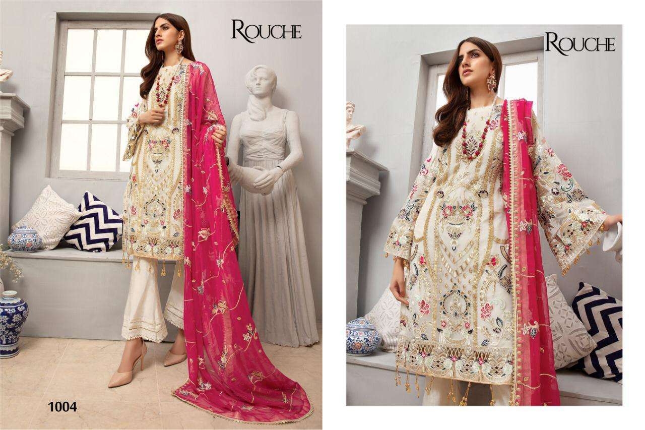 EMAAN ADEEL VOL-1 BY ROUCHE 1001 TO 1004 SERIES DESIGNER PAKISTANI SUITS BEAUTIFUL STYLISH FANCY COLORFUL PARTY WEAR & OCCASIONAL WEAR HEAVY FAUX GEORGETTE EMBROIDERY DRESSES AT WHOLESALE PRICE