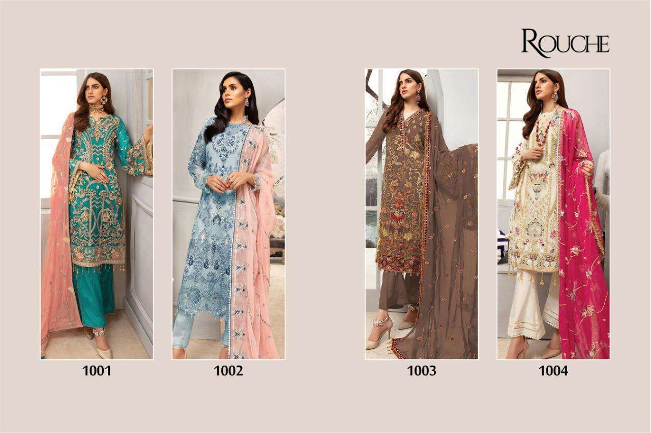 EMAAN ADEEL VOL-1 BY ROUCHE 1001 TO 1004 SERIES DESIGNER PAKISTANI SUITS BEAUTIFUL STYLISH FANCY COLORFUL PARTY WEAR & OCCASIONAL WEAR HEAVY FAUX GEORGETTE EMBROIDERY DRESSES AT WHOLESALE PRICE