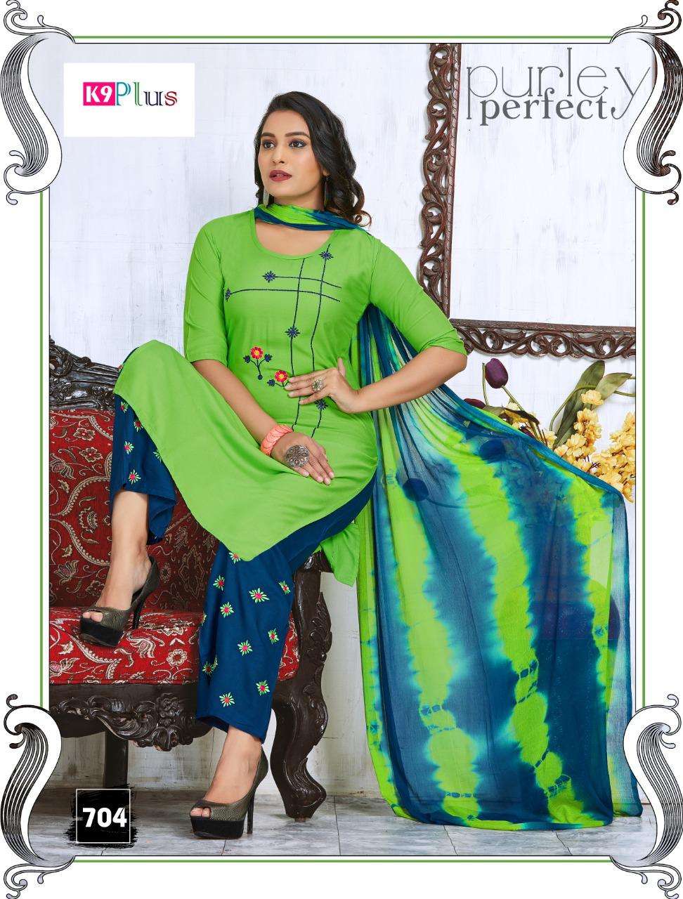 PATIYALA ROSE 701 SERIES BY K9 PLUS 701 TO 708 SERIES BEAUTIFUL SUITS STYLISH FANCY COLORFUL PARTY WEAR & OCCASIONAL WEAR RAYON 14 KG HEAVY WORK DRESSES AT WHOLESALE PRICE