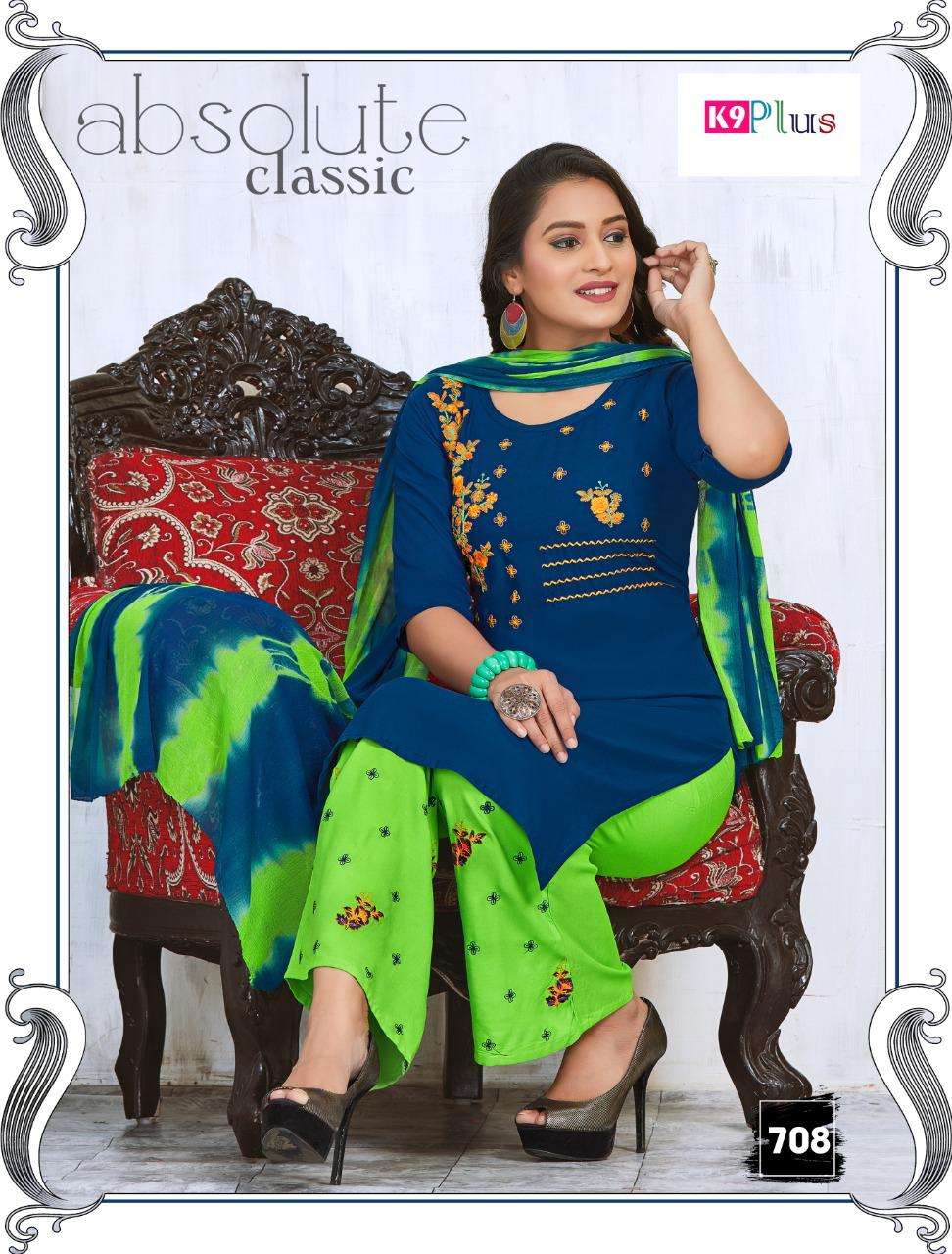 PATIYALA ROSE 701 SERIES BY K9 PLUS 701 TO 708 SERIES BEAUTIFUL SUITS STYLISH FANCY COLORFUL PARTY WEAR & OCCASIONAL WEAR RAYON 14 KG HEAVY WORK DRESSES AT WHOLESALE PRICE