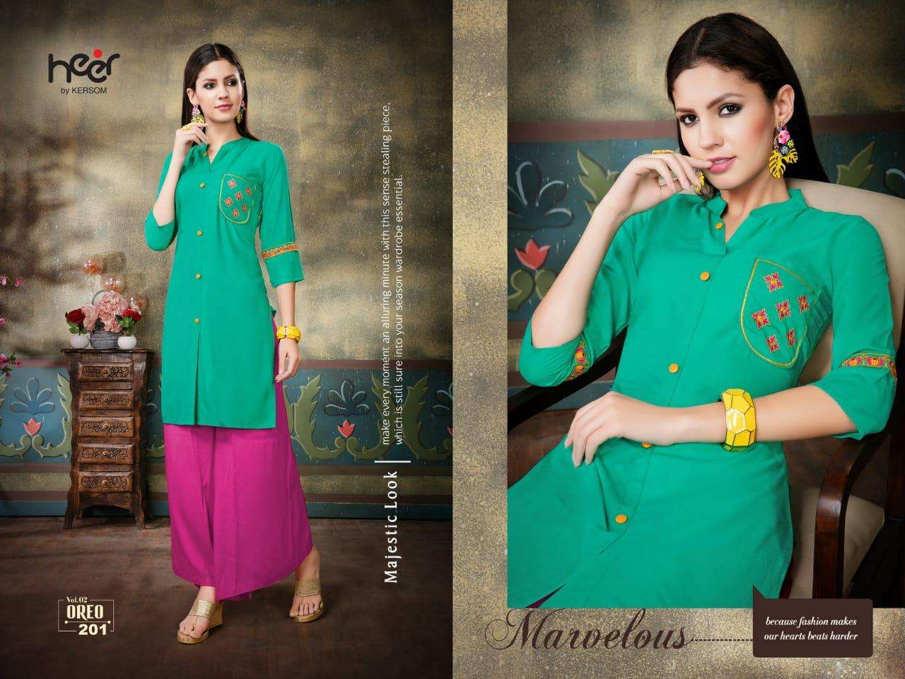 OREO VOL-2 BY HEER 201 TO 210 SERIES BEAUTIFUL STYLISH FANCY COLORFUL CASUAL WEAR & ETHNIC WEAR & READY TO WEAR HEAVY RAYON PRINTED KURTIS AT WHOLESALE PRICE