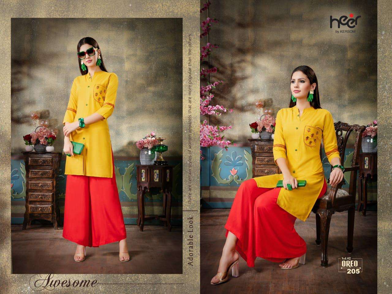 OREO VOL-2 BY HEER 201 TO 210 SERIES BEAUTIFUL STYLISH FANCY COLORFUL CASUAL WEAR & ETHNIC WEAR & READY TO WEAR HEAVY RAYON PRINTED KURTIS AT WHOLESALE PRICE