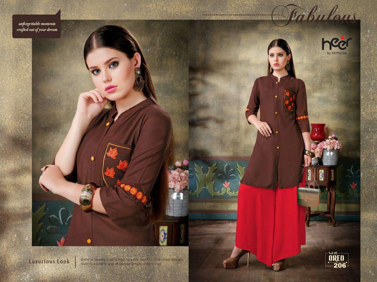 OREO VOL-2 BY HEER 201 TO 210 SERIES BEAUTIFUL STYLISH FANCY COLORFUL CASUAL WEAR & ETHNIC WEAR & READY TO WEAR HEAVY RAYON PRINTED KURTIS AT WHOLESALE PRICE