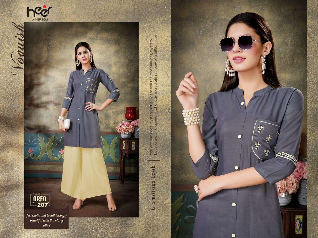 OREO VOL-2 BY HEER 201 TO 210 SERIES BEAUTIFUL STYLISH FANCY COLORFUL CASUAL WEAR & ETHNIC WEAR & READY TO WEAR HEAVY RAYON PRINTED KURTIS AT WHOLESALE PRICE