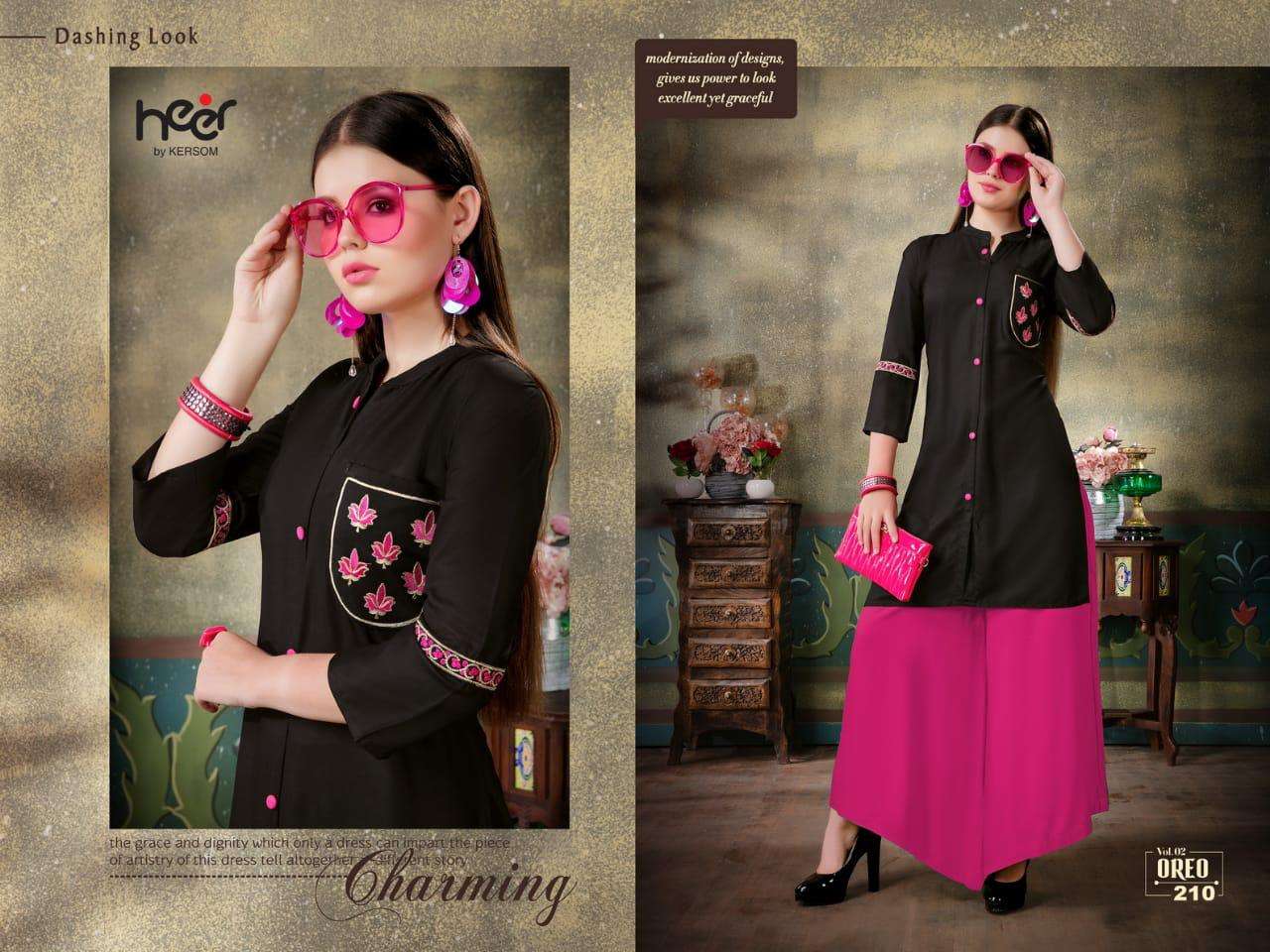 OREO VOL-2 BY HEER 201 TO 210 SERIES BEAUTIFUL STYLISH FANCY COLORFUL CASUAL WEAR & ETHNIC WEAR & READY TO WEAR HEAVY RAYON PRINTED KURTIS AT WHOLESALE PRICE