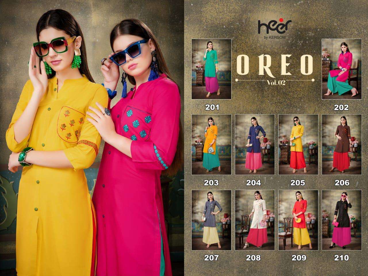 OREO VOL-2 BY HEER 201 TO 210 SERIES BEAUTIFUL STYLISH FANCY COLORFUL CASUAL WEAR & ETHNIC WEAR & READY TO WEAR HEAVY RAYON PRINTED KURTIS AT WHOLESALE PRICE