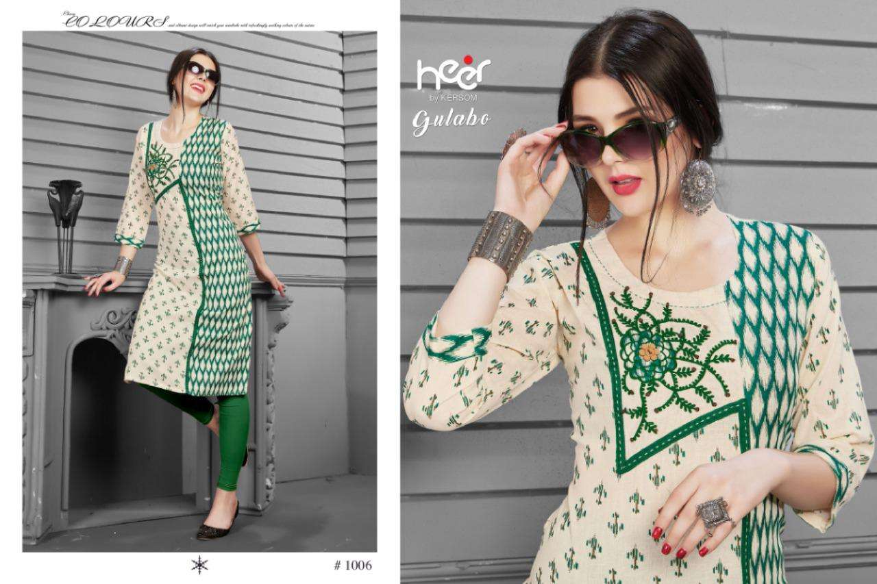 GULABO BY HEER 1001 TO 1008 SERIES BEAUTIFUL STYLISH FANCY COLORFUL CASUAL WEAR & ETHNIC WEAR & READY TO WEAR HEAVY COTTON PRINTED KURTIS AT WHOLESALE PRICE