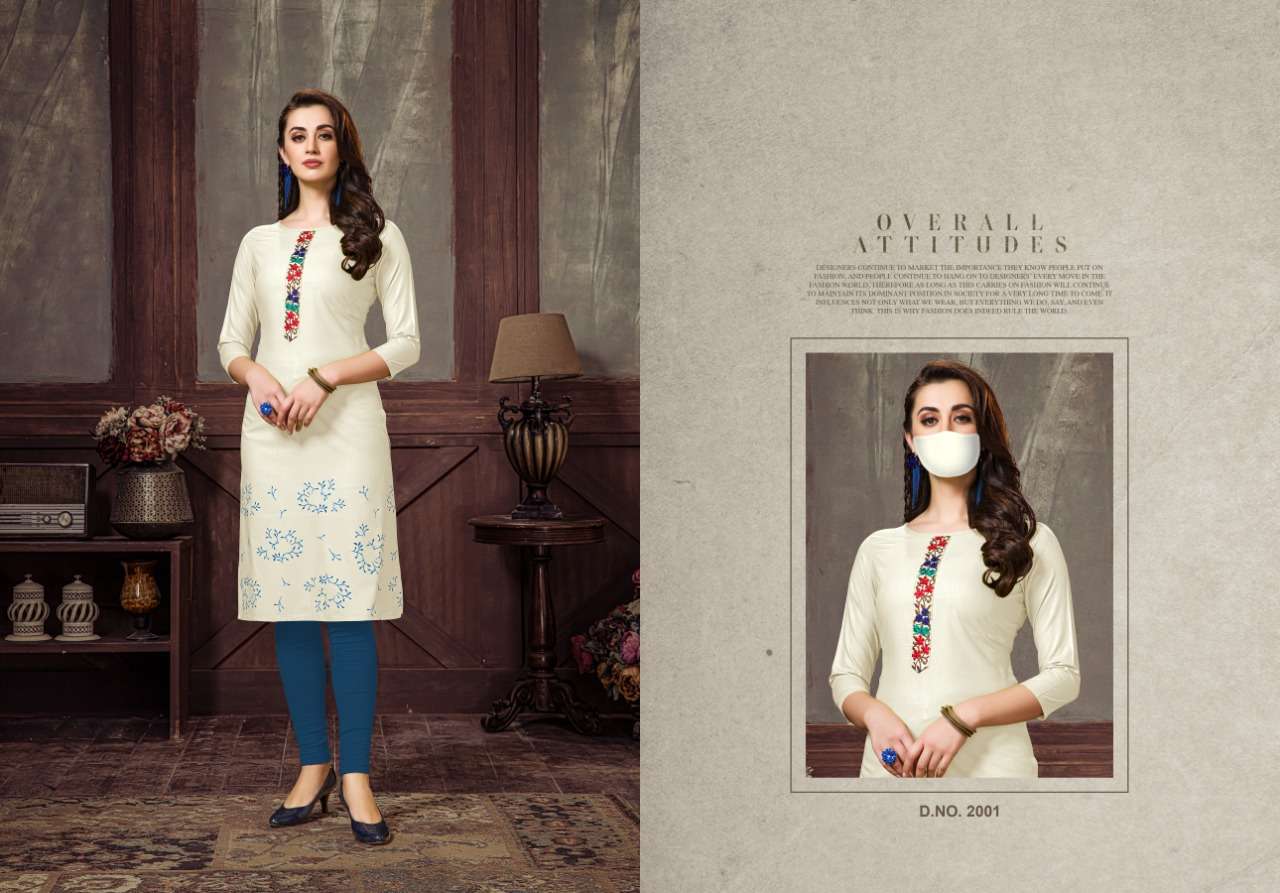 CHINGARI VOL-2 BY NITISHA NX 2001 TO 2006 SERIES BEAUTIFUL STYLISH FANCY COLORFUL CASUAL WEAR & ETHNIC WEAR & READY TO WEAR HEAVY SOFT COTTON SLUB EMBROIDERED KURTIS WITH MASK AT WHOLESALE PRICE