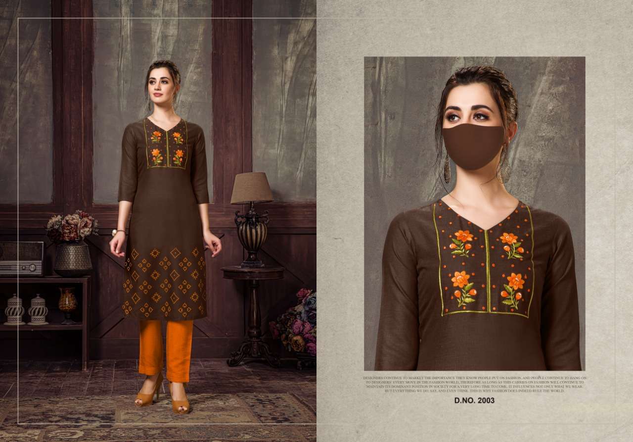 CHINGARI VOL-2 BY NITISHA NX 2001 TO 2006 SERIES BEAUTIFUL STYLISH FANCY COLORFUL CASUAL WEAR & ETHNIC WEAR & READY TO WEAR HEAVY SOFT COTTON SLUB EMBROIDERED KURTIS WITH MASK AT WHOLESALE PRICE